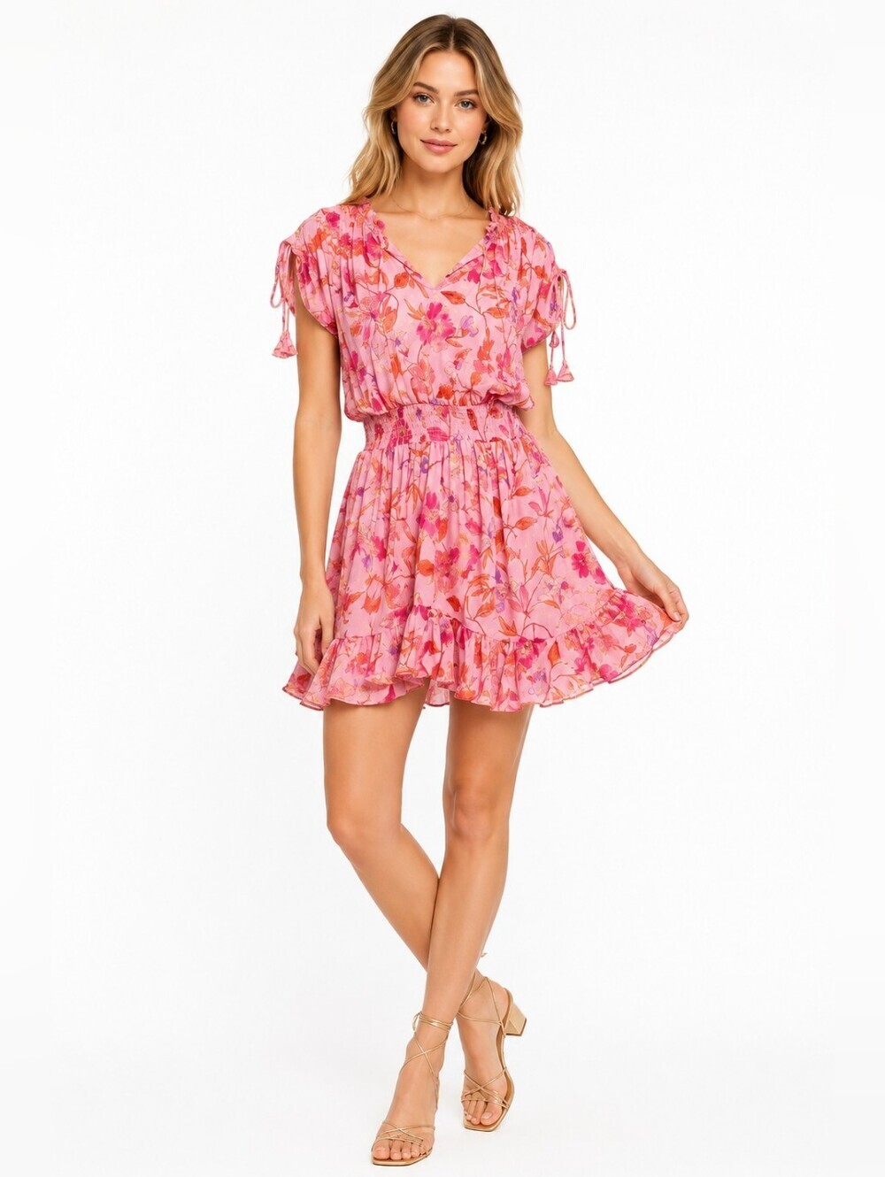 Misa Los Angeles Dominique Mini Chiffom Ruffle Floral Pink Dress Women's Small